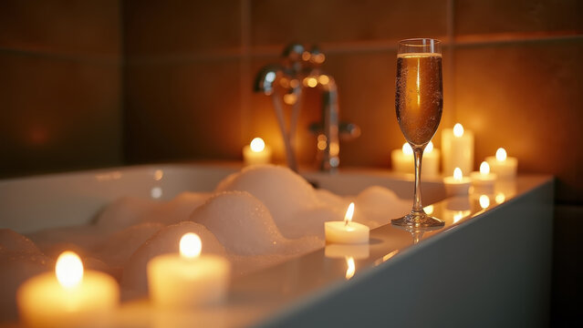 "Bubble bath with candles and champagne glass on edge, New Year's Eve self-care ritual, warm light"