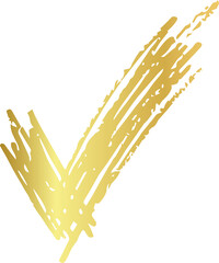 Golden Hand Drawn Check Mark Icon, Doodle Tick Symbol, Sketch Approval Sign, Kawaii Correct Mark, Simple Isolated Vector Style © N2
