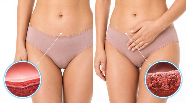 Vaginal Infection Vaginitis Vaginal Inflammation, medical illustration comparing healthy and inflamed vaginal tissue with female pelvic discomfort