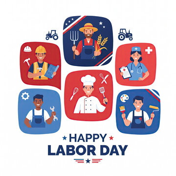 Happy Labor Day Generative AI Illustration with Diverse Worker Avatars Grid and Typography