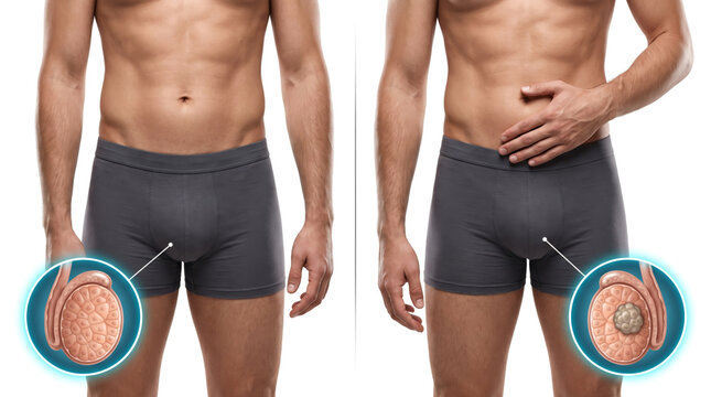 Testicular Cancer Testicular Tumor Testicular Pain, medical illustration comparing healthy and abnormal testicle with male groin discomfort