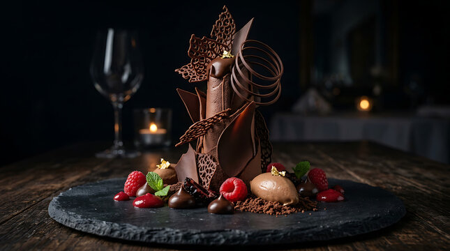 An exquisite and artistic chocolate dessert sculpture adorned with raspberries, mint, and gold leaf, served on a dark slate plate in a dimly lit fine dining setting.