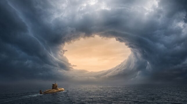 Submarine sailing toward a swirling storm opening with golden light