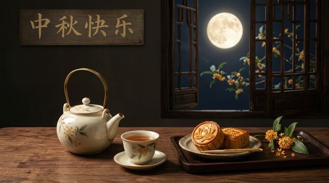Celebrating the mid autumn festival with a traditional tea set mooncakes and the radiant glow of the full moon symbolizing family reunion