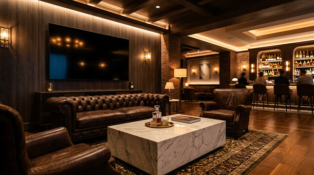 Luxurious dimly lit lounge with a large TV, leather seating, marble coffee table, and a well-stocked bar in the background.