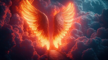 Naklejka premium Fiery angel wings glowing amidst dramatic clouds over mystical pathway in surreal fantasy sky