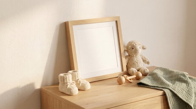 Wooden Square Picture Frame Mockup on Nursery Dresser with Plush Lamb and Baby Booties for Newborn Art Print Presentation