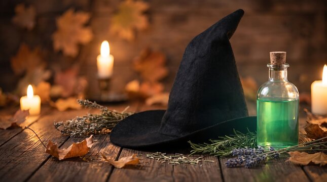 Black witch hat and glowing green potion bottle on rustic wooden table for Halloween decor