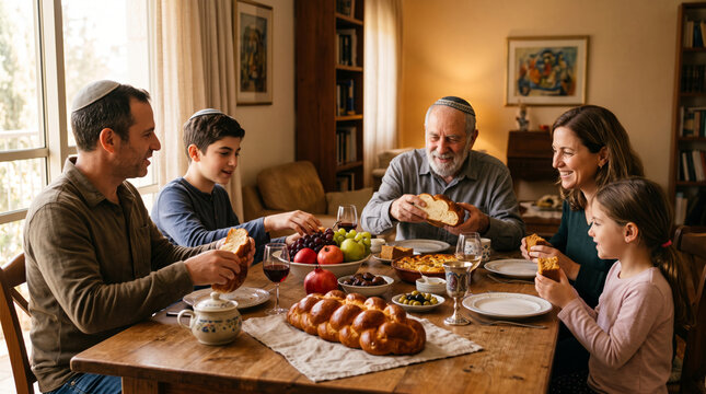 Multi generational Jewish family shares a meal and challah bread at a festive table