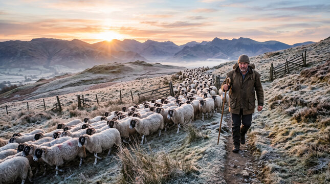 Shepherd guides flock of sheep across frosty mountain landscape at sunrise