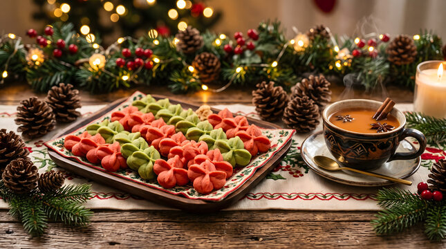 Plate of traditional Thai flower cookies Kleeb Lamduan served with steaming hot spiced tea on a cozy Christmas table setting