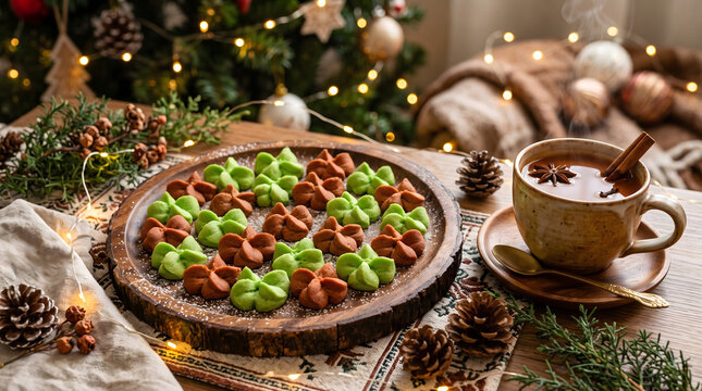 Plate of traditional Thai flower cookies Kleeb Lamduan served with steaming hot spiced tea on a cozy Christmas table setting