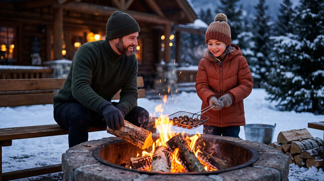 Father and child enjoy roasting chestnuts over a fire pit in a snowy winter setting