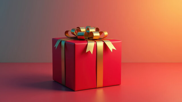 "Red Christmas gift box with gold ribbon bow isolated on bright colorful gradient background, vivid studio"