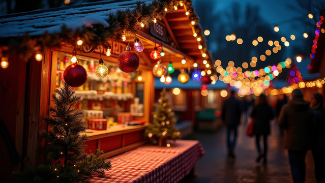 "Colorful Christmas market stall with bright string lights and ornaments, vivid saturated festive scene"