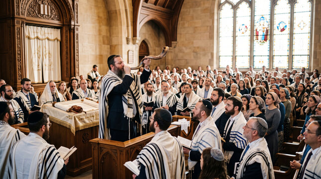 Rabbi blows shofar during Jewish religious service with congregation watching
