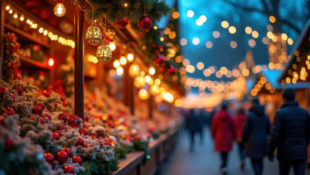 "Colorful Christmas market stall with bright string lights and ornaments, vivid saturated festive scene"