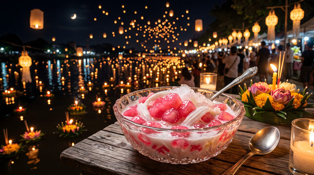 Thai dessert Tub Tim Krob red rubies with coconut milk in a crystal glass bowl during Loy Krathong festival with Wat Arun view