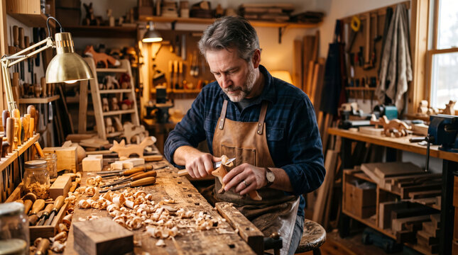 Skilled craftsman carves wooden toy fox in a rustic workshop filled with tools and wood shavings