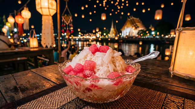 Thai dessert Tub Tim Krob red rubies with coconut milk in a crystal glass bowl during Loy Krathong festival with Wat Arun view