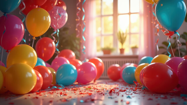 Colorful party balloons and streamers filling bright room, vivid saturated New Year celebration scene