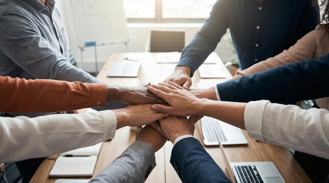 Multiethnic business team putting hands together in center of office table for cooperation and unity concept