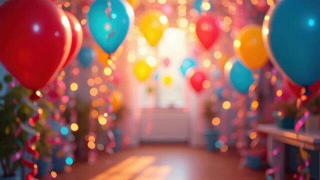Colorful party balloons and streamers filling bright room, vivid saturated New Year celebration scene