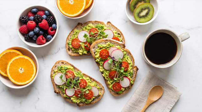 Toasted sourdough bread slices topped with smashed avocado radish cherry tomatoes and microgreens arranged neatly for a healthy breakfast meal