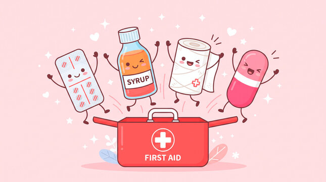 Cute cartoon medical supplies celebrating above a first aid kit