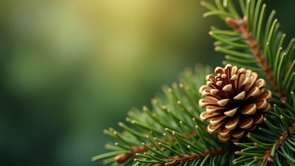 Fototapeta premium Golden pinecone and pine sprig on right third, blurred green bokeh background, copy space left