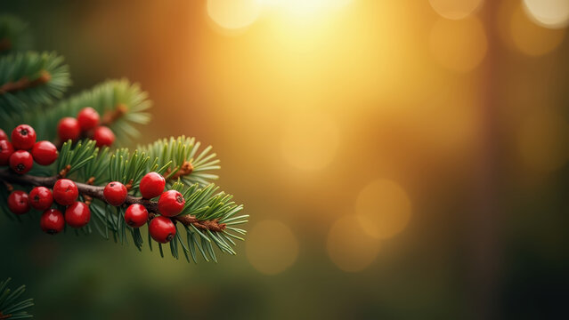 Pine branch with red berries on left third, blurred golden bokeh background, negative space right