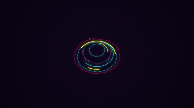 Glowing circular neon interface rings rotating in dark space captured as high quality motion video footage