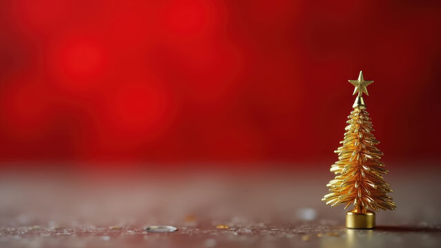Miniature gold pine tree ornament on right third, blurred red bokeh background, copy space left