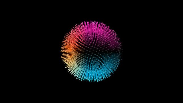 Glowing colorful fiber optic sphere radiating vibrant light pulses in this seamless abstract motion video animation