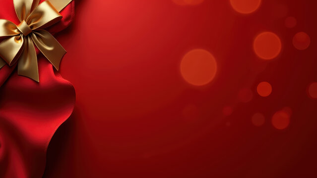 Gold ribbon bow on red velvet fabric, left third composition, blurred bokeh background, copy space right