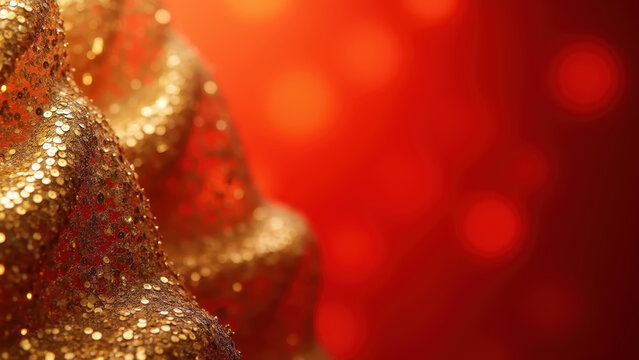 Gold sequin fabric texture on left third, blurred red bokeh background, negative space right