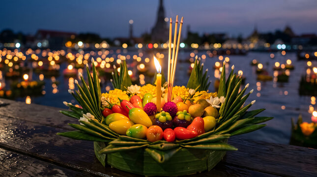 Traditional Thai Krathong decorated with banana leaves, burning candle, incense, and colorful miniature fruit shaped mung bean dessert Luk Chup at night