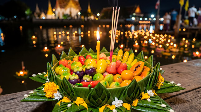 Traditional Thai Krathong decorated with banana leaves, burning candle, incense, and colorful miniature fruit shaped mung bean dessert Luk Chup at night
