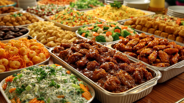 Abundant buffet selection of assorted prepared foods and side dishes with side dish