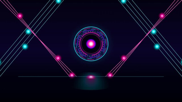 Glowing neon circle pulsating with vibrant light rays in this abstract digital motion graphic loop animation