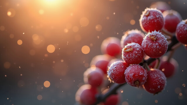Frosted red berries with gold shimmer on right third, blurred bokeh background, copy space left