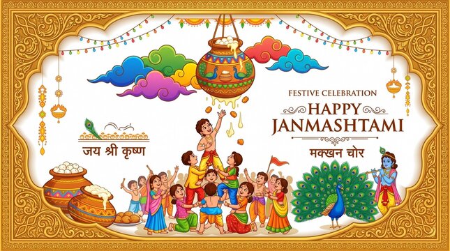 Baby Krishna Playing Flute Digital Painting with Happy Janmashtami text