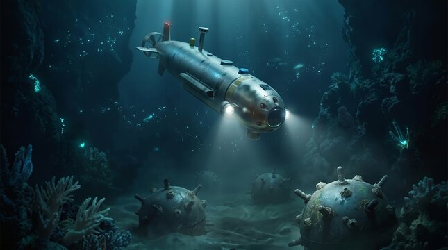 Deep sea submarine drone navigating through underwater coral reef caves near dangerous explosive naval sea mines