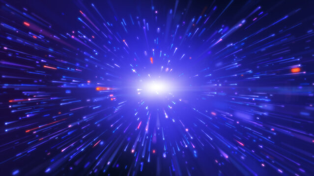 Abstract futuristic network background with high speed blue and purple light trails bursting from center.