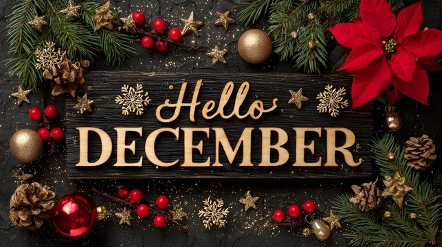 Wooden sign saying Hello December with Christmas decorations