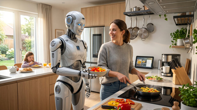 Advanced humanoid robot assistant helps a happy woman prepare healthy vegetables for lunch inside a bright modern domestic home kitchen
