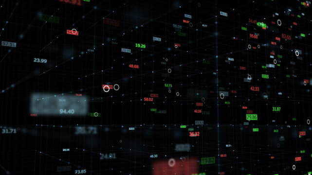 Abstract 3D digital stock market data grid with floating green and red index numbers.