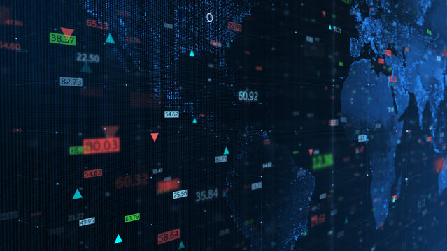 Digital world map with moving financial stock numbers, highlighting Strait of Hormuz global trade crisis and energy market.