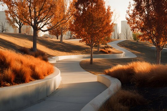 Curved concrete path through autumn grasses and orange trees in park