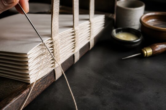 Person practicing bookbinding with needle and thread in a crafting workshop setting
